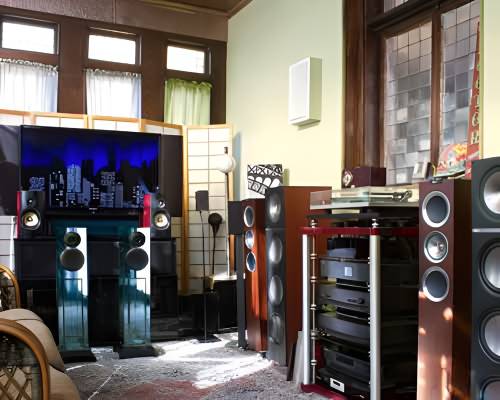 Room with speakers, a turntable rack and a TV between leaded windows